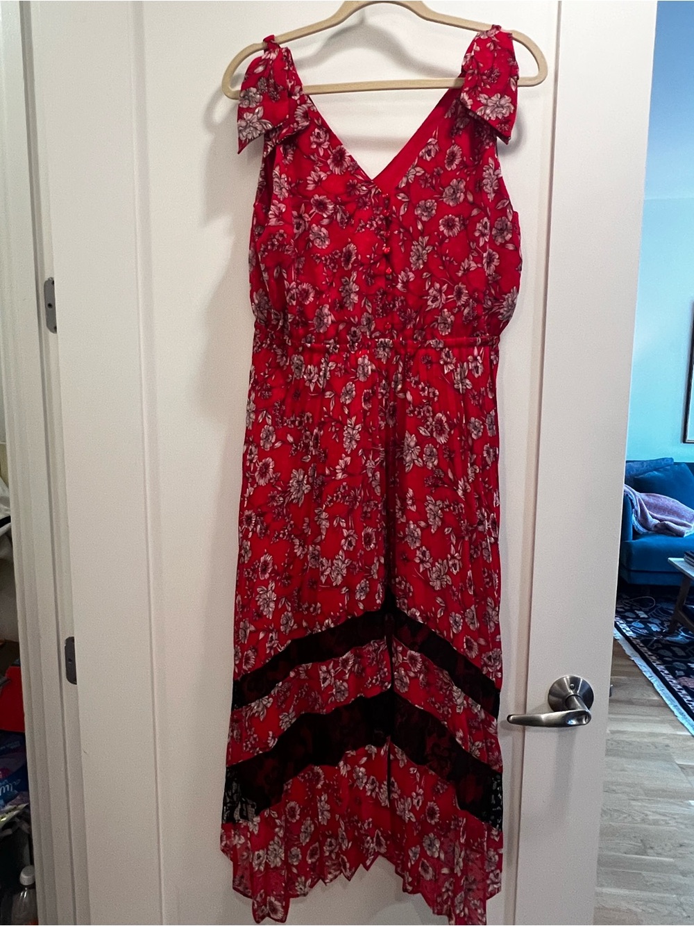 Red Floral V-Neck Midi Dress with Tie Straps